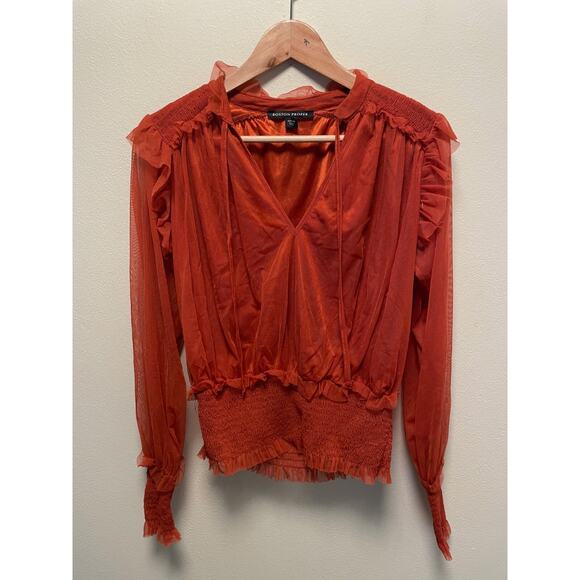 Boston Proper Womens Top Size XS Orange Mesh Ruffle Smocked Feminine Fairy - Picture 1 of 7